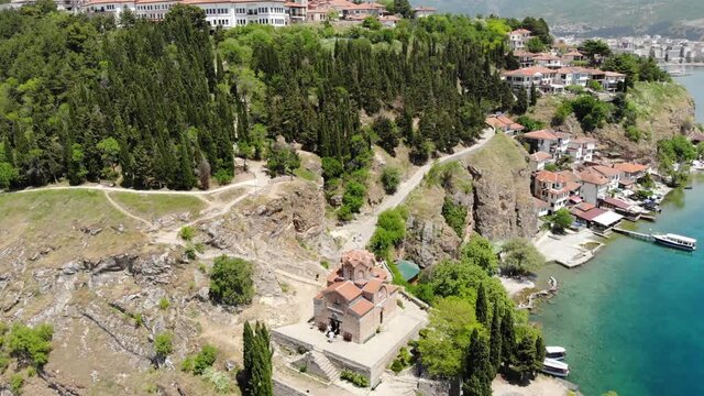 Drone view of the Church of St. John Kaneo in Ohrid. Church of St. John the Evangelist. Drone shot of the Macedonian Orthodox Church, located on a cliff above the Kaneo beach in the city of Ohrid 