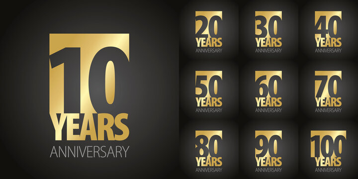 Set of Anniversary decades vector creative design emblems with negative space numbers golden color for celebration event, invitation, greeting, web template, leaflet and booklet