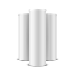 Three Vector 3d Realistic Blank White, Black Metal Tin Can with Lid, Canned Food, Potato Chips Packaging Set Isolated On White Background. Small Size. Design Template, Mockup. Front View