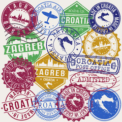 Zagreb Croatia Set of Stamps. Travel Stamp. Made In Product. Design Seals Old Style Insignia.