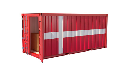 Freight Container with open door in Denmark national flag design. Isolated on white. 3D Rendering