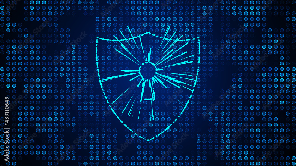 Poster abstract futuristic blue shiny cyber security with shield lock and light burst dynamic dotted lines 