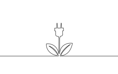 Continuous line art green neon energy plug concept. Sustainable power storage electric rechargeable supply. Charging battery eco global planet solution. Hand drawing sketch vector illustration