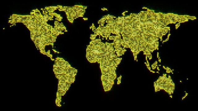 World map flickering looping animation.Waving and flickering.Connecting world.Futuristic template.Particles seamless animation.Broadcast intro.Screensaver.Black background for alpha,luma channel.