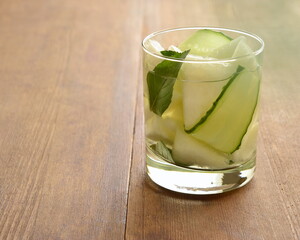 Refreshing drink with cucumbers, melons and mint, detox, copy space