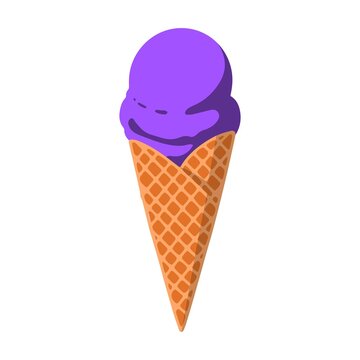 Cartoon violet ice cream in a waffle cone. Isolated icon for the summer menu. Minimal elegant illustrations