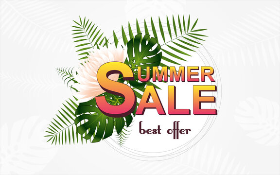 Colorful summer sale banner with tropical plants and flower. Vector illustration 