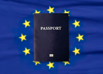 European UnionNo name or blank Passport on EU Flag background. Digital, Biometric, microchip or E-passport.