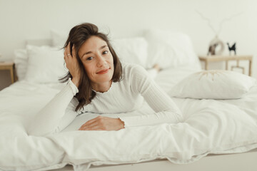 Yoga at home. girl resting in the bedroom after training.