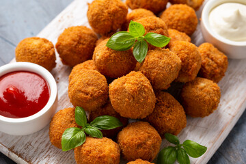 Meat free vegetarian mini picnic scotch eggs with micoprotein and herbs served with ketchup and mayonnaise