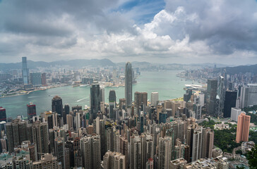 Hong Kong financial district skyline in a beautiful day from Victoria peak