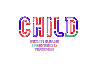 Alphabet with gap, multi colored digital font, futuristic letters and numbers, vector illustration 10EPS