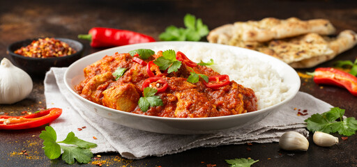 Spicy Chicken Pathia curry with basmati rice in a white plate. healthy food.
