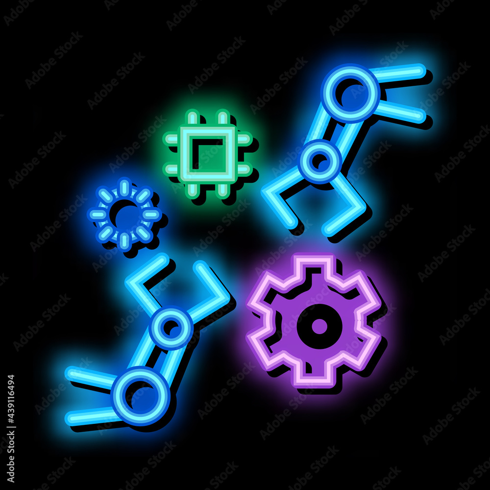 Poster robotic arm process of machine learning neon light sign vector. glowing bright icon robotic arm proc
