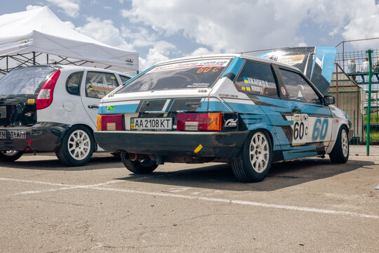 Blue LADA 2108 in service during the Ukrainian Circuit Racing Cup. Russian racing car is ready to race