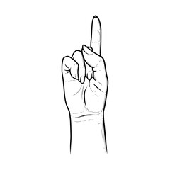 Raised index finger showing number one. Finger pointing in certain direction. Sketch vector illustration isolated in white background