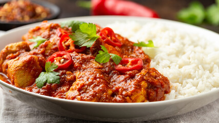 Spicy Chicken Pathia curry with basmati rice in a white plate. healthy food.