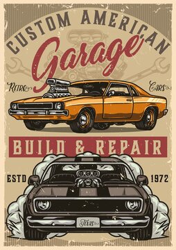 Muscle cars custom garage colorful poster