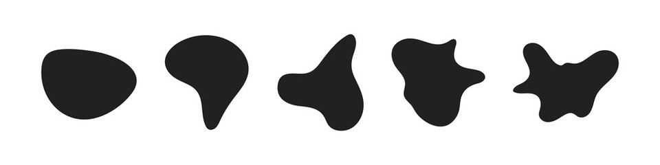 Random abstract liquid organic black irregular blotch shapes flat style design fluid vector illustration set banner simple shape template for presentation design, flyer, isolated on white background.