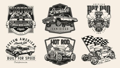 Retro custom cars vintage monochrome emblems