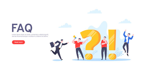 Fototapeta na wymiar Q and A or FAQ concept with tiny people characters, big question and exclamation mark, frequently asked questions template. Answers business support concept flat style design vector illustration.