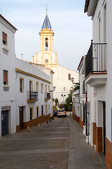 Torre de Iglesia en el pueblo de Cartaya, provincia de Huelva, comunidad autonoma de Andalucia o Andalusia, pais de España o Spain