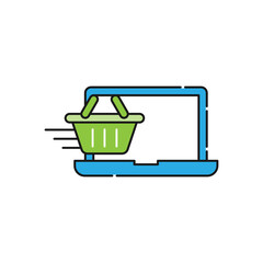 Shopping Cart with Laptop icon Vector Design. Shopping Cart icon with Laptop design concept for e-commerce, online store and marketplace website, mobile, logo, symbol, button, sign, app UI