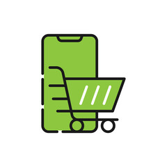 Shopping Cart with mobile phone icon Vector Design. Shopping Cart icon with smartphone design concept for e-commerce, online store and marketplace website, mobile, logo, symbol, button, sign, app UI