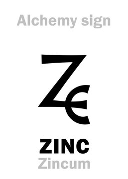 Alchemy Alphabet: ZINC (Zincum), also: Tutia (Zinc oxide), Cadmia/Galmea (ore of Zinc), Lapis Calaminaris (Zinc carbonate), Pseudargyros (greek: pseudo-silver), also: Speltrum. Chemical formula=[Zn].