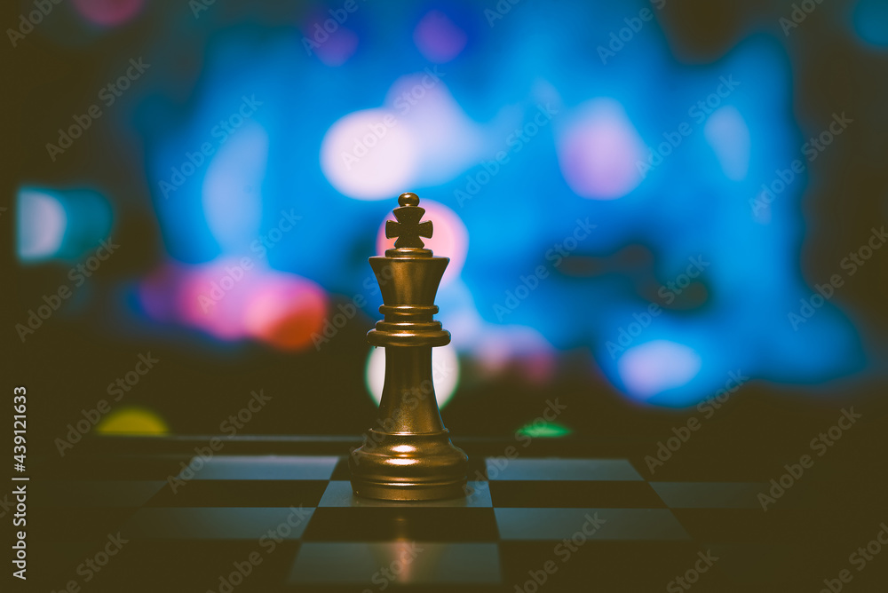 Poster closeup of chess characters on board games. to represent decision making in term of business strateg