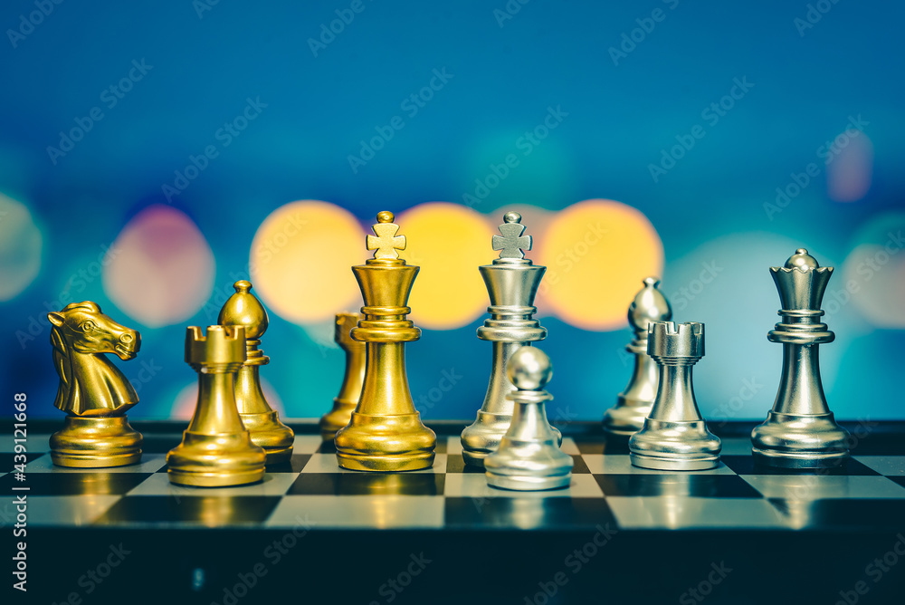 Poster closeup of chess characters on board games. to represent decision making in term of business strateg