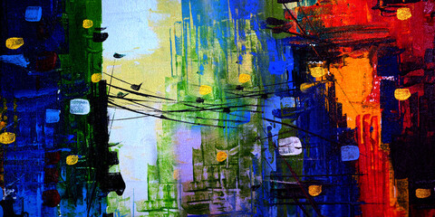 Abstract painting city scape on canvas background with texture.
