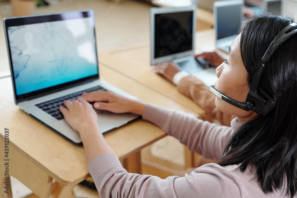Poster asian call center operator providing customer with information