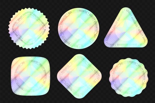 Quality holographic sticker for authenticity seal on package. Set of high level product equivalent metallic gradient label for brand protection of different shape vector illustration isolated on dark