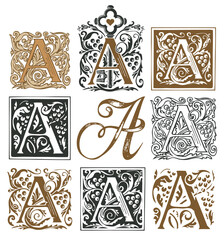Initial letter A with vintage baroque ornamentation. Vector illustrations of uppercase letter A with decorations. Beautiful filigree capital letter to use for monogram, logo, emblem, card, invitation