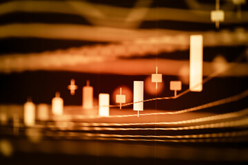 Candle stick graph chart with indicator: Cryptocurrencies graphs trading including of up and down trend with divergent reverse price pattern.