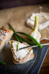 Homemade buckwheat bread with garlic cheese spread
