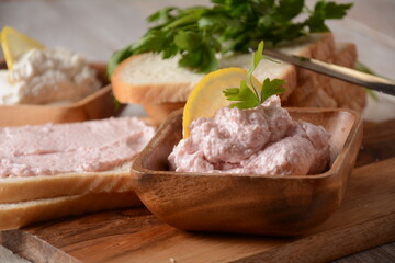 Taramosalata Greek spread Paste (pate) made of ground fish, shrimps, and caviar, served with lemon....