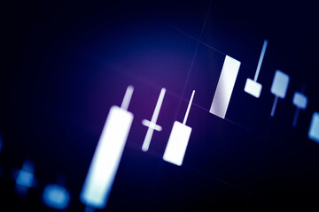 Candle stick graph chart with indicator: Cryptocurrencies graphs trading including of up and down trend with divergent reverse price pattern.