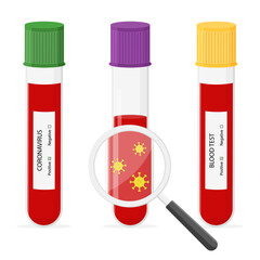 Glass tube with blood for detail test on covid-19, coronavirus with magnifier. Positive test. Blood sample. Virus analysis for laboratory. Vector illustration on white background.