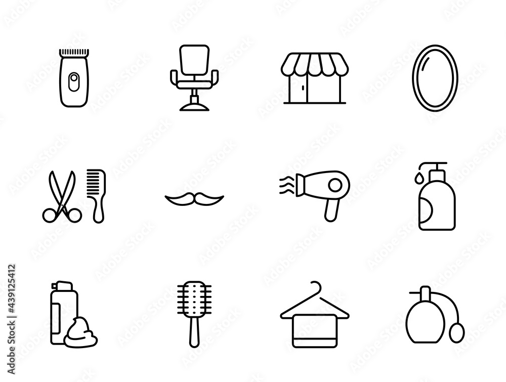 Poster barber shop linear vector icons isolated on white. hairdressing salon saloon icon set for web and ui