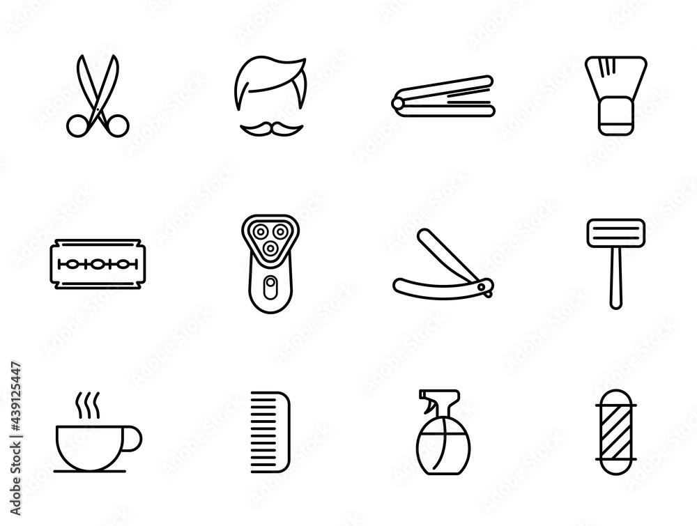 Poster barber shop line vector icons isolated on white background. haircut saloon icon set for web and ui d