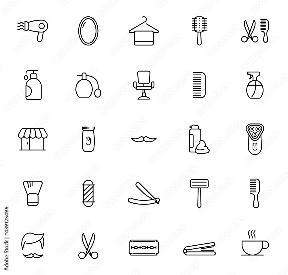 Poster barber shop outline vector icons isolated on white. barber saloon icon set for web and ui design, mo
