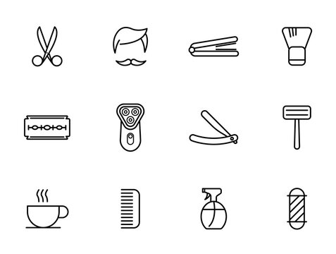 barber shop line vector icons isolated on white background. haircut saloon icon set for web and ui design, mobile apps and print products
