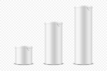 Vector 3d Realistic Blank Glossy White Metal Tin Can, Canned Food, Potato Chips Packaging With Lid Set Isolated On Transparent Background. Small, Medium, Big Size. Design Template, Mockup. Front View