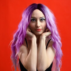 Portrait of a caucasian girl with multi-colored hair with a smile on a red background