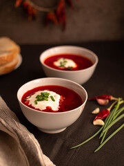 Ukrainian and Russian national soup. Red borsch. Beet soup. Vertical photo