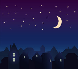 Obraz na płótnie Canvas Silhouette of the city and night sky with stars and moon