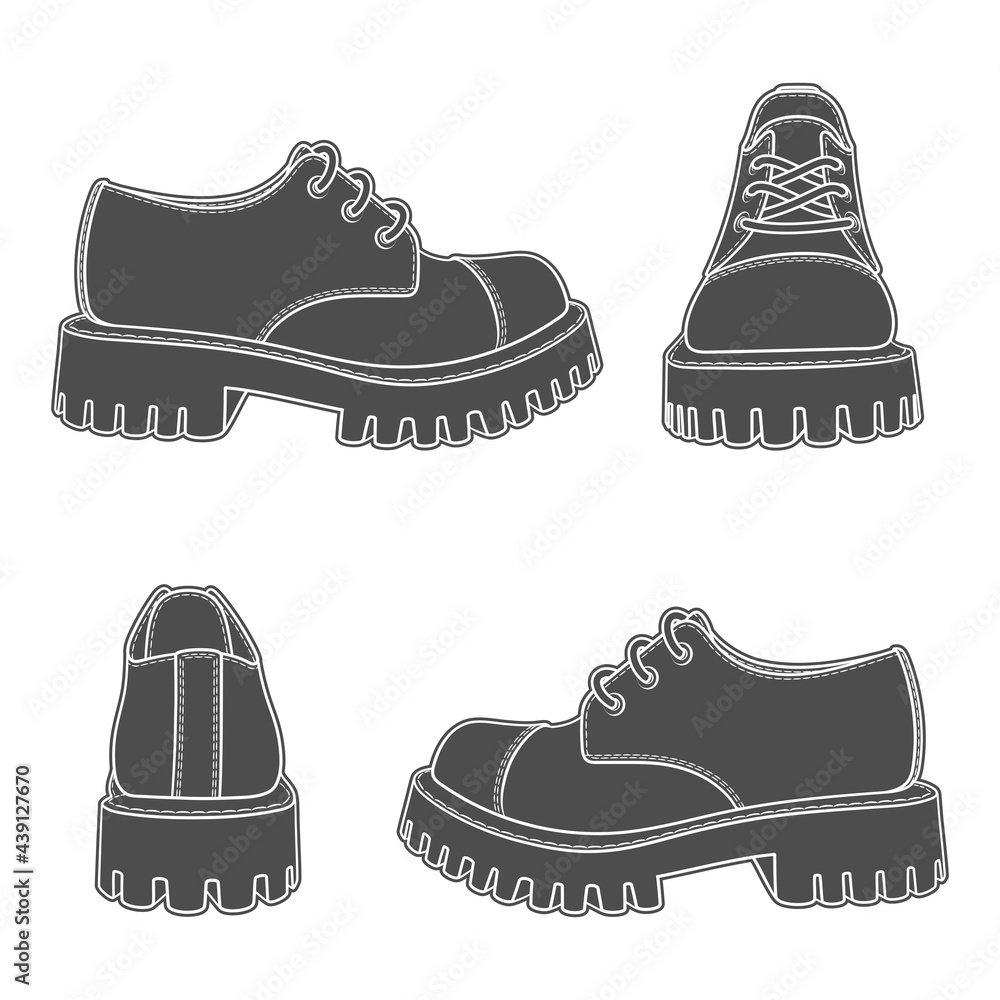 Poster set of black and white illustrations with boots. isolated vector objects on white background.