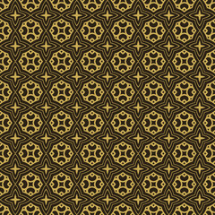 Elegant background pattern with gold decorative ornaments on black background, wallpaper. Seamless pattern, texture. Vector image